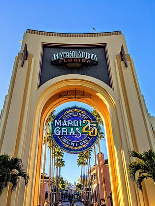"I entrance to Universal Studios Orlando, Florida on the opening day of Mardi Gras; proof that a family of four can experience the thrill of the iconic Mardi-Gras parade (family-friendly of course) well below the cost of visiting New Orleans!"